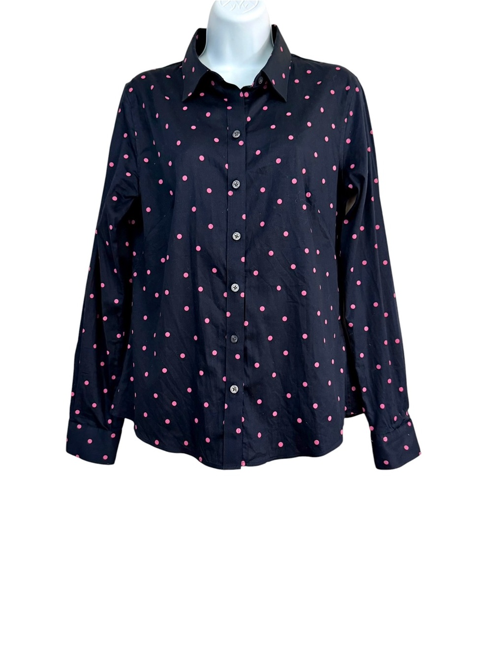 Banana Republic Factory Black Pink Polka Dot Top Size 10 Button Down Shirt - Picture 2 of 15